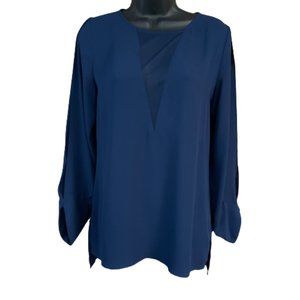 Express Navy Blue Long Split Sleeve Women's Mesh V-Neck X-Small Blouse EUC